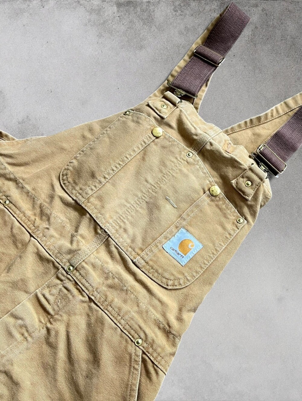 Vintage Carhartt Double Knee Overalls Tan Canvas Utility Workwear Bibs 36 x 28